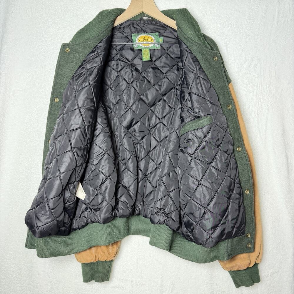 Vintage Cabela's Green Wool and Brown Leather Bomber Jacket Quilted Lining XL - Picture 8 of 16
